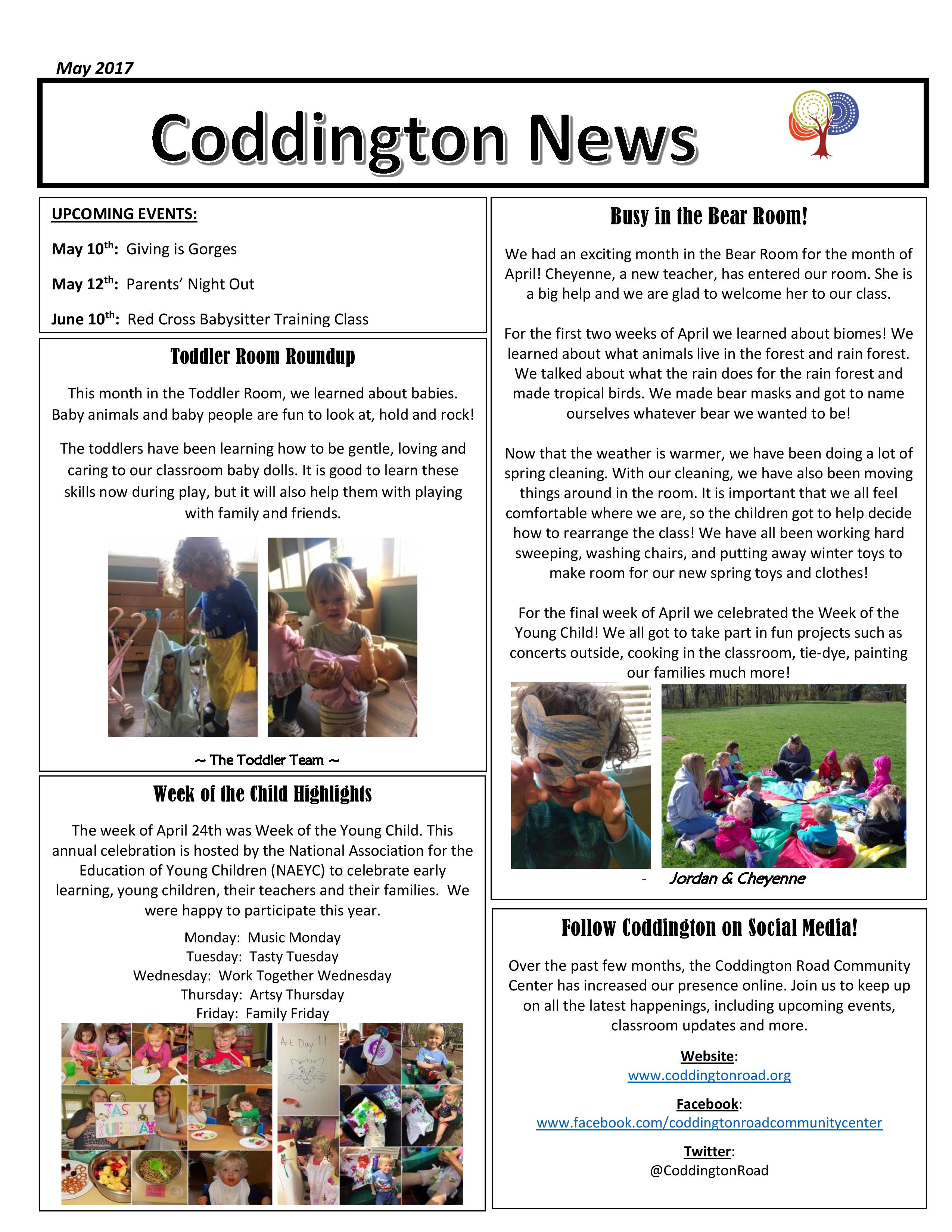 May 2017 Coddington Road Community Center in Ithaca NY newsletter
