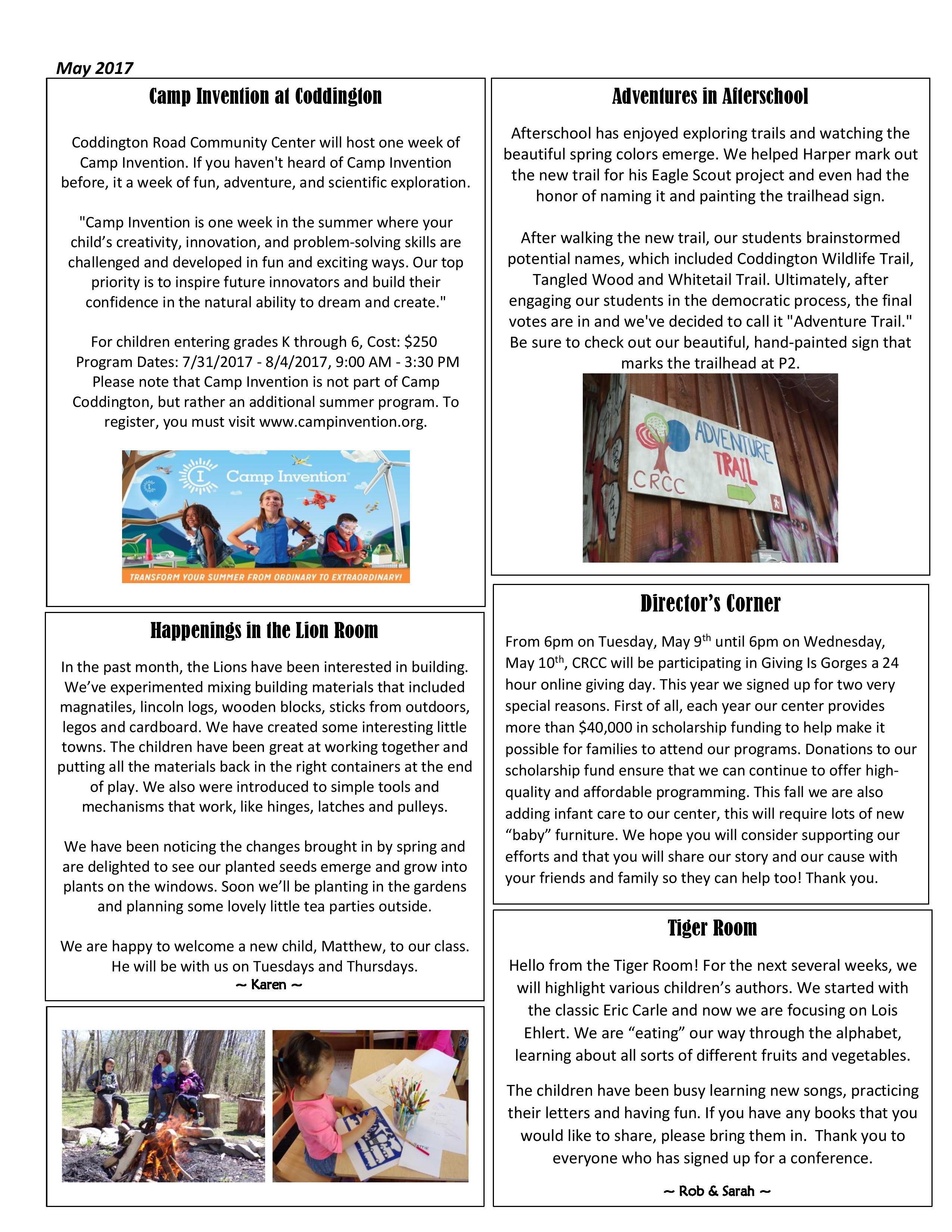 Monthly newsletter for the Coddington Road Community Center