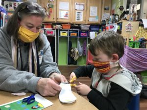 Making face masks with children at the Coddington Road Community Center in Ithaca NY