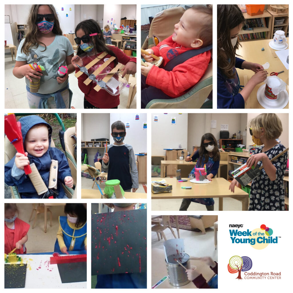 This collage shows Coddington Road Community Center students celebrating Music Monday. Pictures show children playing with instruments and making their own instruments. 