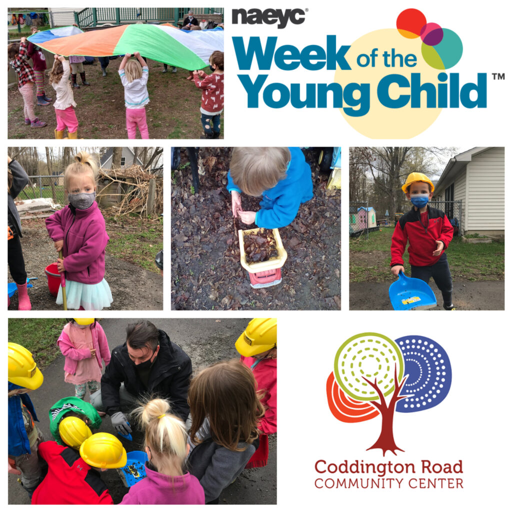 This image is a collage of photographs showing children at Coddington participating in Work Together Wednesday as part of Week of the Young Child 