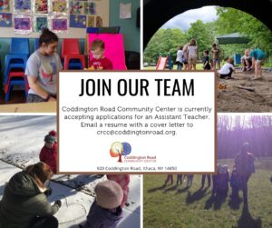Graphic has four images displaying staff at the Coddington Road Community Center. Text states that the Coddington Road Community Center is now accepting applications for Assistant Teachers