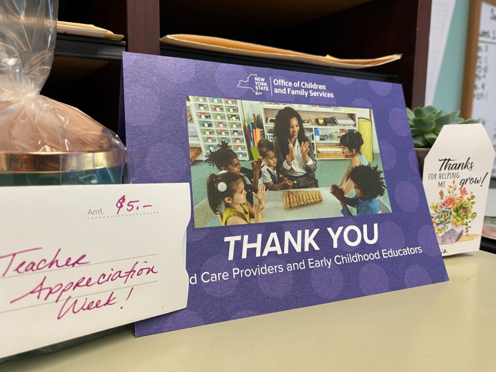 Thank you card on display at the Coddington Road Community Center for Teacher and Provider Appreciation Week.