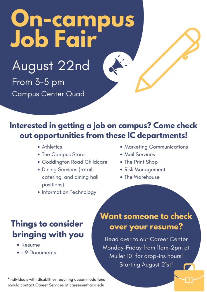 Flyer provides information on the Ithaca College Job Fair on August 22nd 2023 from 3:00pm to 5:00pm