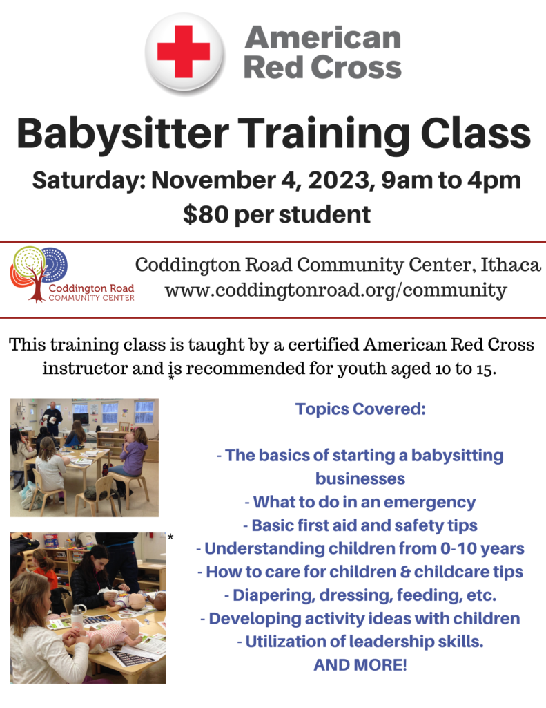 Flyer contains information on the Red Cross Babysitter Training Class that will held at the Coddington Road Community Center on Saturday, November 4 2023