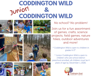 The image shows pictures of children enrolled in the Coddington Road Community Center Coddington Wild program playing together and playing outside in nature.