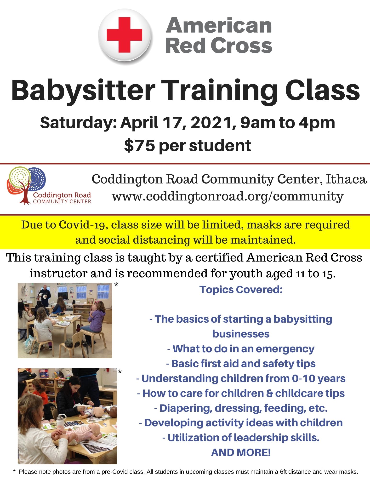 This photograph shares information on the Red Cross Babysitter Training Class offered at Coddington Road Community Center. All information is shared on the webpage.
